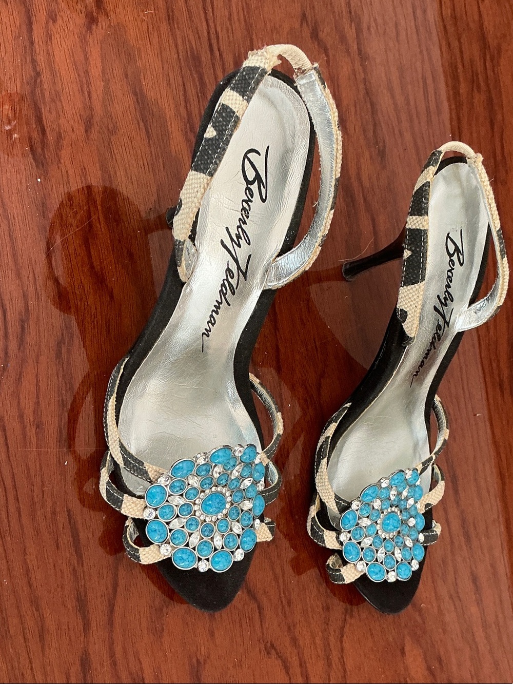 Beverly Feldman Black & Beige Strappy Heels with Turquoise Crystal Cluster